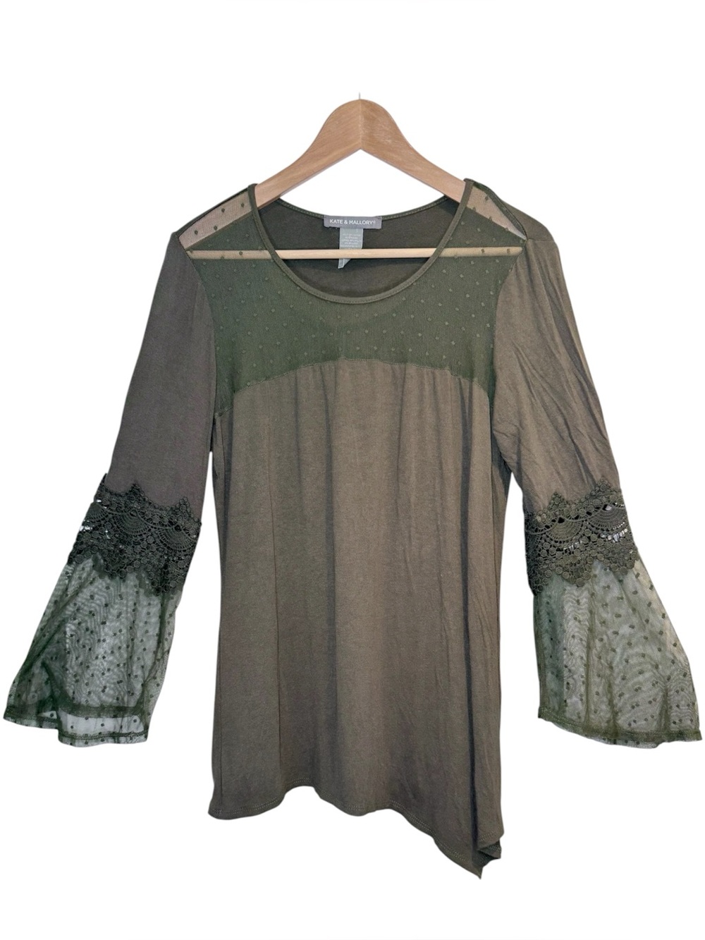 Kate & Mallory Asymmetrical Tunic Top Medium Crochet Mesh Bell Sleeves Green